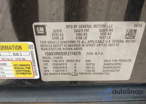 2015 GMC Acadia Slt-1 из США, поврежденный, VIN 1GKKVRKD3FJ174375